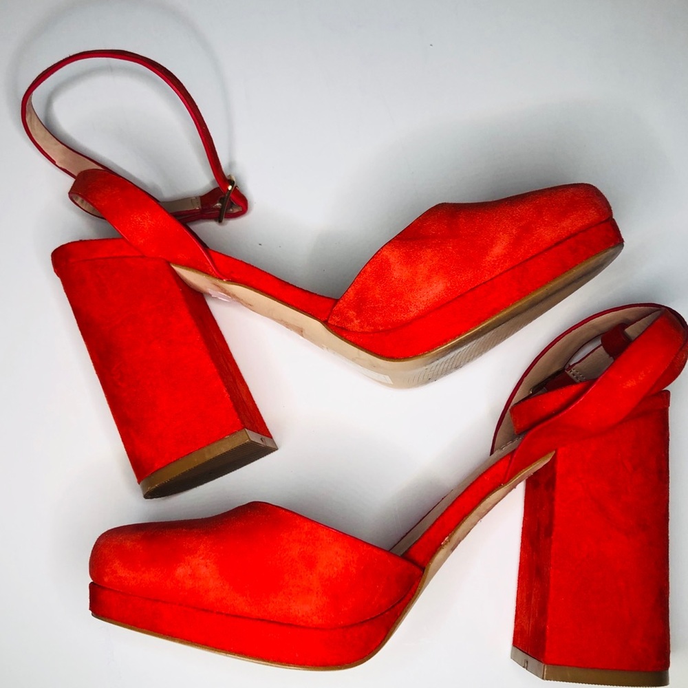 TopShop Suede Red Scarlet Chunky Platform Heels - Picture 3 of 13